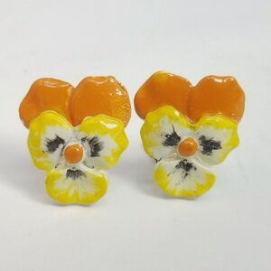 Vintage Yellow Orange Pansy Flower Enamel Earrings, Clip On, Floral, Estate